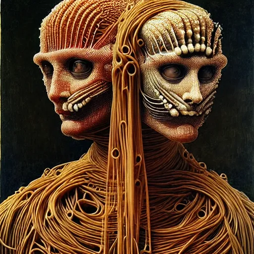 Prompt: siamese twins made of spaghetti, intricate armor made of spaghetti fractals, ancient warrior, samurai style, by giuseppe arcimboldo and ambrosius benson, renaissance, intricate and intense oil paint, a touch of beksinski and hr giger, realistic