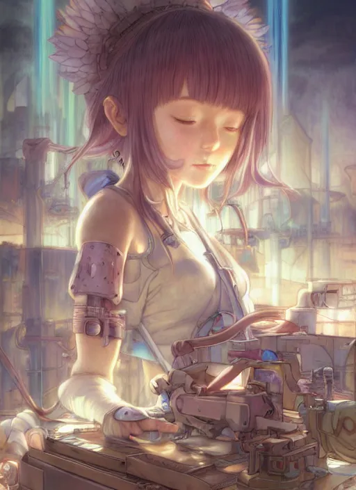 Image similar to prompt : ragnarok online portrait soft light painted by james jean and katsuhiro otomo and erik jones, inspired by akira anime, epic fantasy, a young tinker girl working on a device in her workshop, workshop in the background, intricate oil painting, high detail illustration, sharp high detail, manga and anime 1 9 9 9