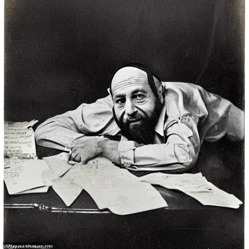 Prompt: a photograph photo of a rabbi lying on his desk, dead and twisted by a curse, leaking ooze from his ears and eyes and skin into a puddle, covered in ectoplasm