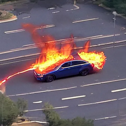 Prompt: photograph of donald trump on the highway firebending cars, dramatization