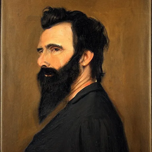 Image similar to A portrait of a man. He has black hair, a black beard, oil painting