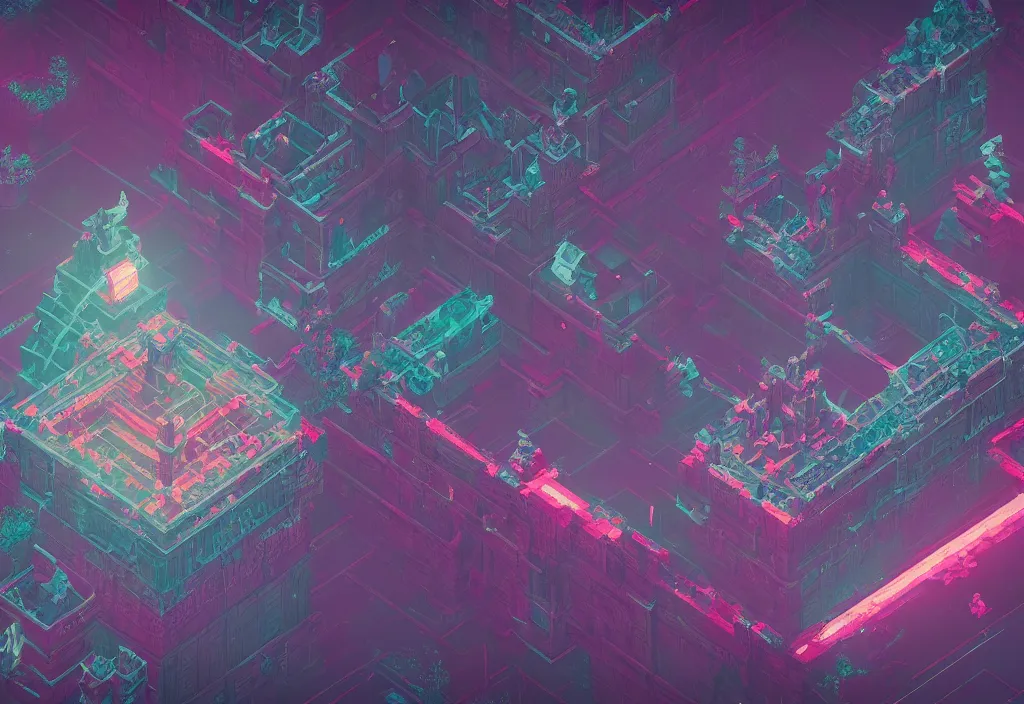 Image similar to isometric pixel art bloodborne no mans sky, vaporwave, cinematic lighting, 4 k