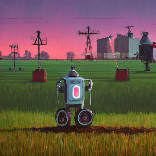 Prompt: A robot planting human heads on a farm, art by Simon Stalenhag, 4k