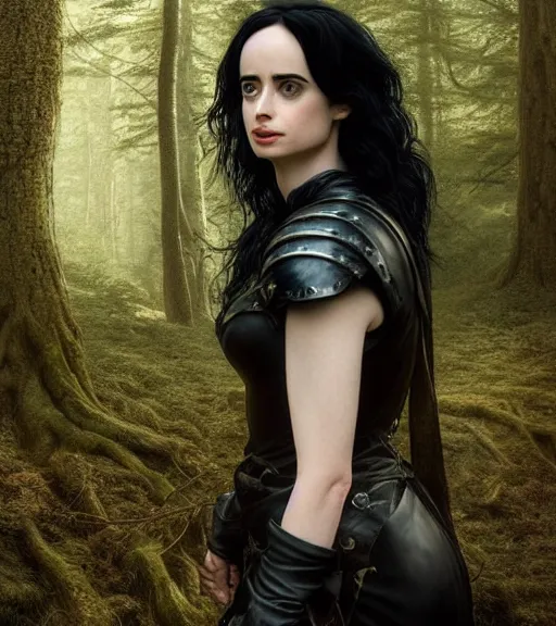 Image similar to 5 5 mm close up portrait photo of krysten ritter as yennefer of vengerberg in black leather armor and long black wavy hair, in a forest. magical atmosphere. art by greg rutkowski. lifelike. very detailed 8 k. intricate. soft light. nikon d 8 5 0.