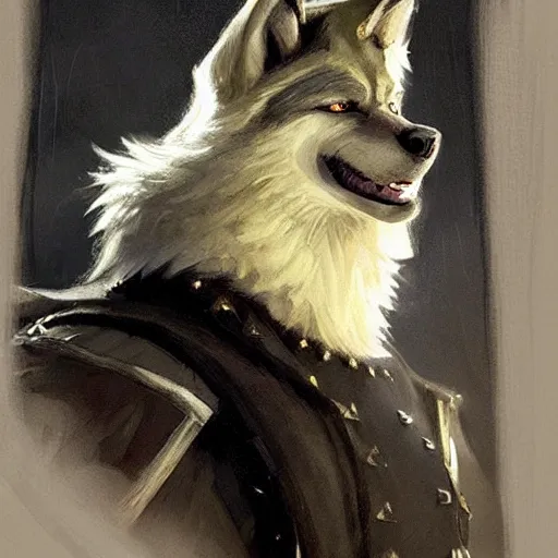 Image similar to an anthropomorphic wolf in a black doublet looking out over the hills, artstation hq, stylized, sharp focus, concept art, furaffinity fursona, furry, anthropomorphic, by gregory manchess and norman rockwell