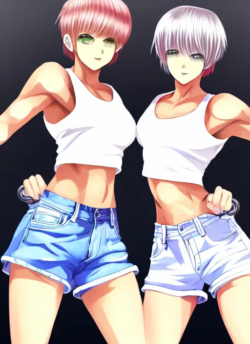 Image similar to two beautiful identical female fighters with short hair facing each other in gym, jean shorts, white top, dim lighting, gorgeous features, high resolution, detailed anime art