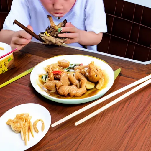 Prompt: Monkey eating Chinese food from a box using chopsticks