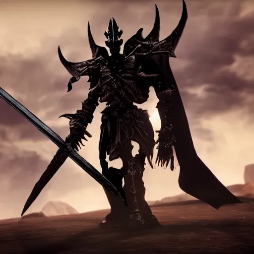 Image similar to Powerful knight, with demonic sword, standing in front of skeleton army, style from Skyrim