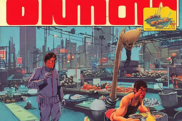 Image similar to 1979 OMNI Magazine Cover of a dumb ogre working at a fish market warehouse. In the background are street level views of neo-Tokyo in cyberpunk style by Vincent Di Fate