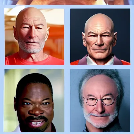 Image similar to a man who is a genetic combination of patrick stewart and jonathan frakes and levar burton and michael dorn and brent spiner, face and upper - body focus, detailed eyes