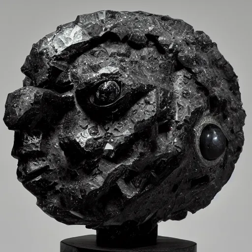 Image similar to photo of fragmented Obsidian Babylonian sculpture of Fizz (league of legends) made of Obsidian, Obsidian!! (EOS 5DS R, ISO100, f/8, 1/125, Museum, postprocessed)