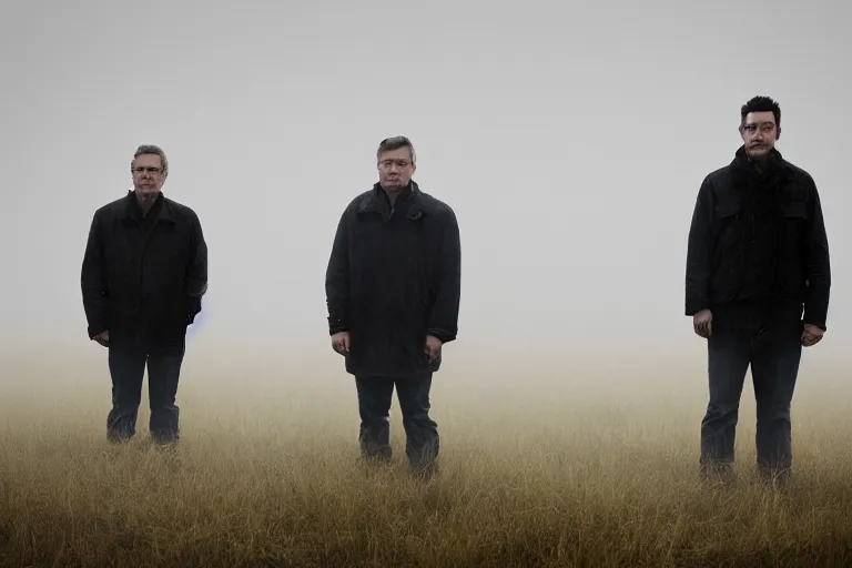 Image similar to a cinematic headshot portrait of a pair of twin middle aged males stood in a fog filled field, ultra realistic, depth, beautiful lighting