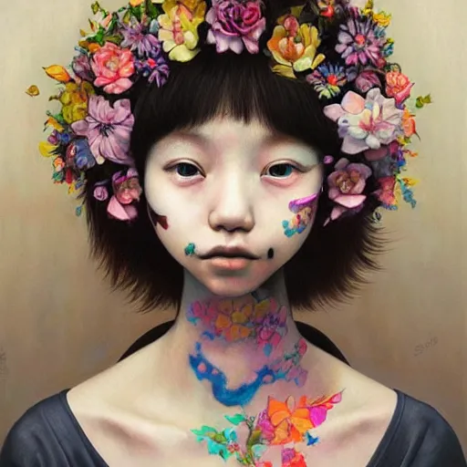 Image similar to A beautiful body art. human technology that had become haunted, possessed by quick, gleaming cleverness. chiaroscuro by Hikari Shimoda dreary