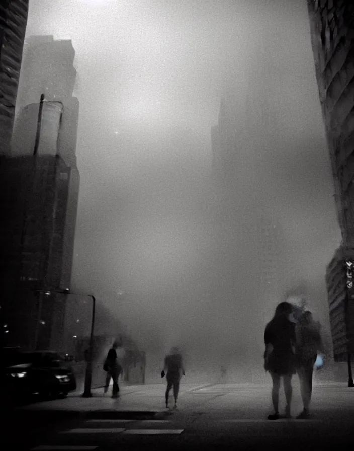 Image similar to very low - resolution found footage of a couple escaping in the city from a starfish kaiju monster, fog, foggy, korean film noir, monochrome, red hue, thriller, underdeveloped, epic, dramatic