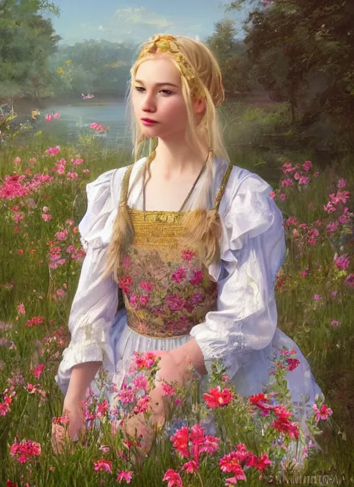 Image similar to a professional painting of an russian young blonde girl intricate, wearing russian folk clothes, in the morning light, at the beautiful river, surrounded by flowers, elegant, digital painting, concept art, smooth, sharp focus, finely detailed illustration, beautifully framed, from Metal Gear, in the style of Artgerm and Greg Rutkowski and William-Adolphe Bouguerea