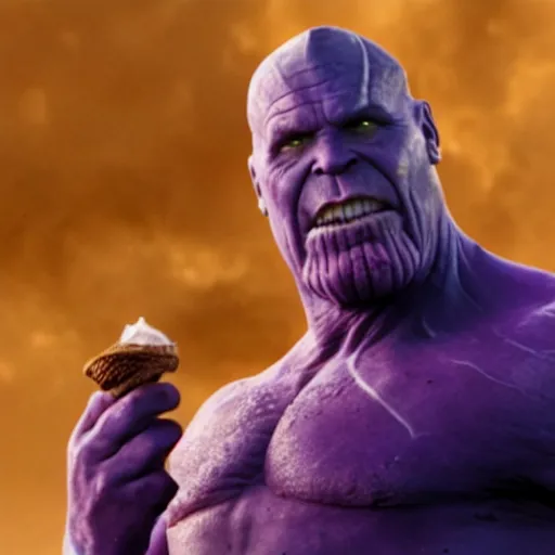 Prompt: film still of thanos eating an ice cream in the new avengers movie, 4 k