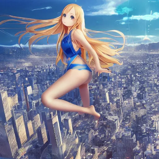 Image similar to seen from above : a giant macro very beautiful young yuuki asuna, full body, long wavy blond hair, sky blue eyes, full round face, bikini, miniskirt, laying on a miniature city, cinematic wallpaper by stanley artgerm lau