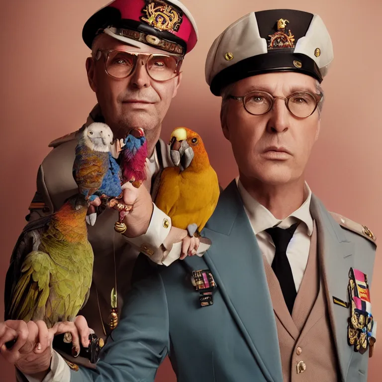 Image similar to high fashion photoshoot octane render portrait by wayne barlow and carlo crivelli and glenn fabry, a distinguished sea captain wearing a colorful wes anderson designed uniform and holding a small parrot inside a high - end exotic colorful pastel vintage boutique hotel lounge, very short depth of field, bokeh