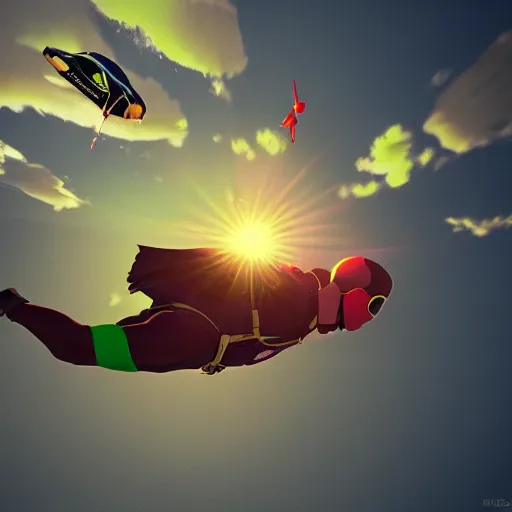 Image similar to A watermelon skydiving from a plane, dynamic lighting, cinematic, ultra detailed, trending on art station