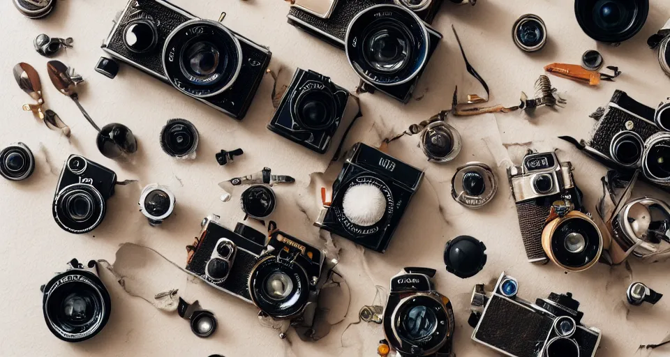 Prompt: a knolling of vintage cameras, overhead view, flatlay