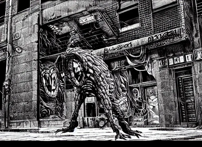 Image similar to detailed manga comic a sleeper stalker monster creature designed by backrooms, silent hill 2, neill blomkamp, gantz, in toronto spadina ave. neighbourhood in the 1 9 9 0's. polaroid, high production value, intricate details, 8 k resolution, hyperrealistic, hdr, photorealistic, high definition, tehnicolor, masterpiece, amazing colors,