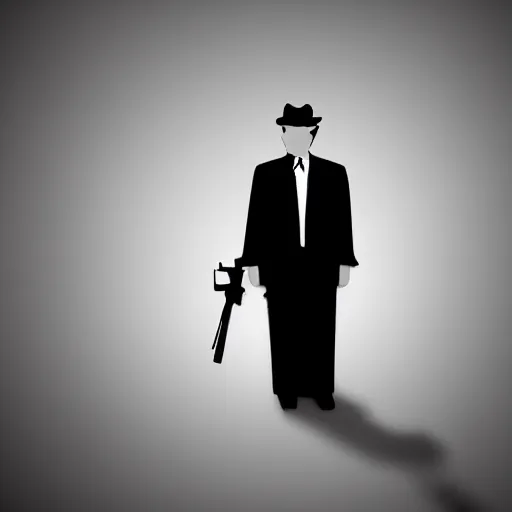 Prompt: mysterious donald trump in black suit and black hat, he has a tommy gun!!, mysterious, 4 k, highly detailed, digital art, strong shadows, high contrast, epic scene, atmospheric, blue colours, award winning photo