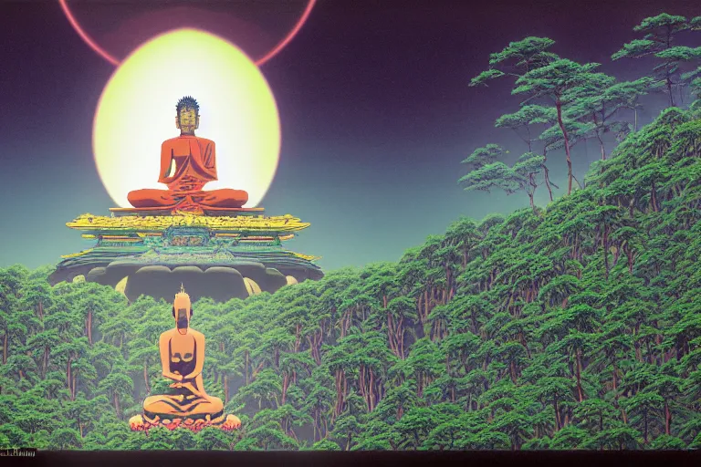 Prompt: one gigantic massive evangelion praying buddha position in the valley of the wind, naussica, ray lighs showing from deep forest darkness, a lot of exotic vegetation, trees, flowers, dull colors. by moebius, ikuto yamashita, craig mullin, greg rutkowski, ghibli, and rodney matthew, hyperrealism, intricate detailed, risograph