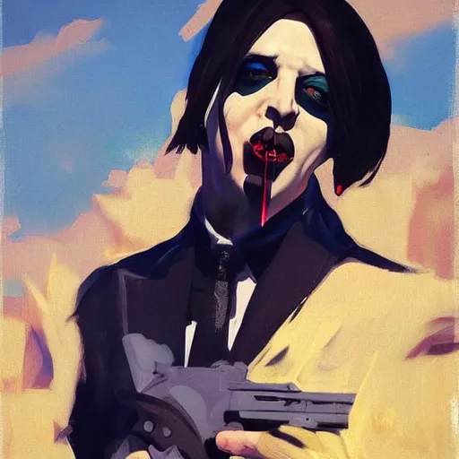 Image similar to Greg Manchess portrait painting of Marilyn Manson as Overwatch character, medium shot, profile picture, Organic Painting, sunny day, Matte Painting, bold shapes, hard edges, street art, trending on artstation, by Huang Guangjian and Gil Elvgren and Sachin Teng