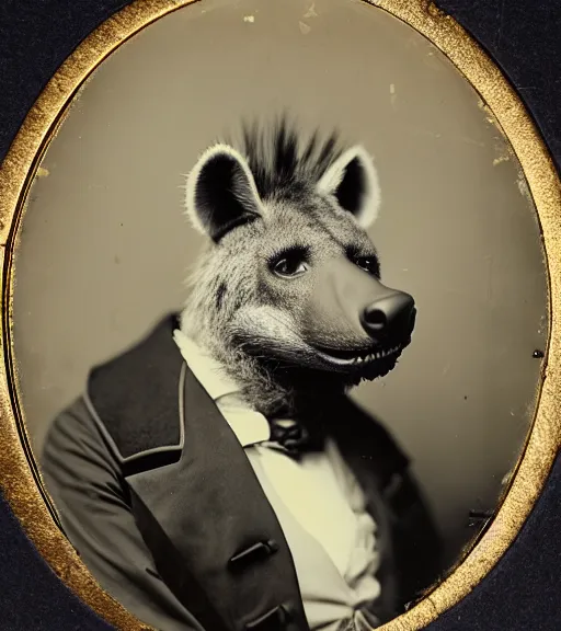 Image similar to professional studio photo portrait of anthro anthropomorphic spotted hyena head animal person fursona smug smiling wearing elaborate pompous royal king robes clothes degraded medium by Louis Daguerre daguerreotype tintype