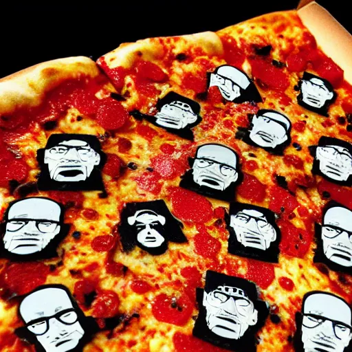 Image similar to pizza made of walter white figurine stickers, unreal, render, splash, award winning photograph