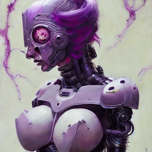 Prompt: pale woman in sci - fi power armor with purple hair, powerful, domineering, stoic, masterful, intense, in the style of adrian ghenie, esao andrews, jenny saville,, surrealism, dark art by james jean, takato yamamoto