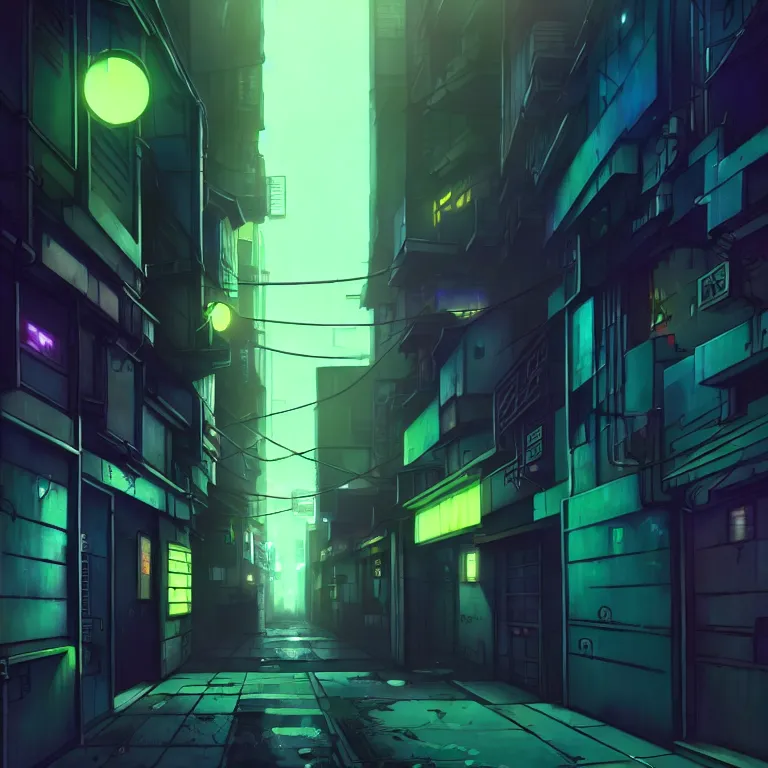 Image similar to city alleyway in the atmospheric cyberpunk anime film, gouache matte background painting, neon noir, at night with lights, by makoto shinkai, in the anime series ergo proxy, beautiful specular edge highlights and rim lighting