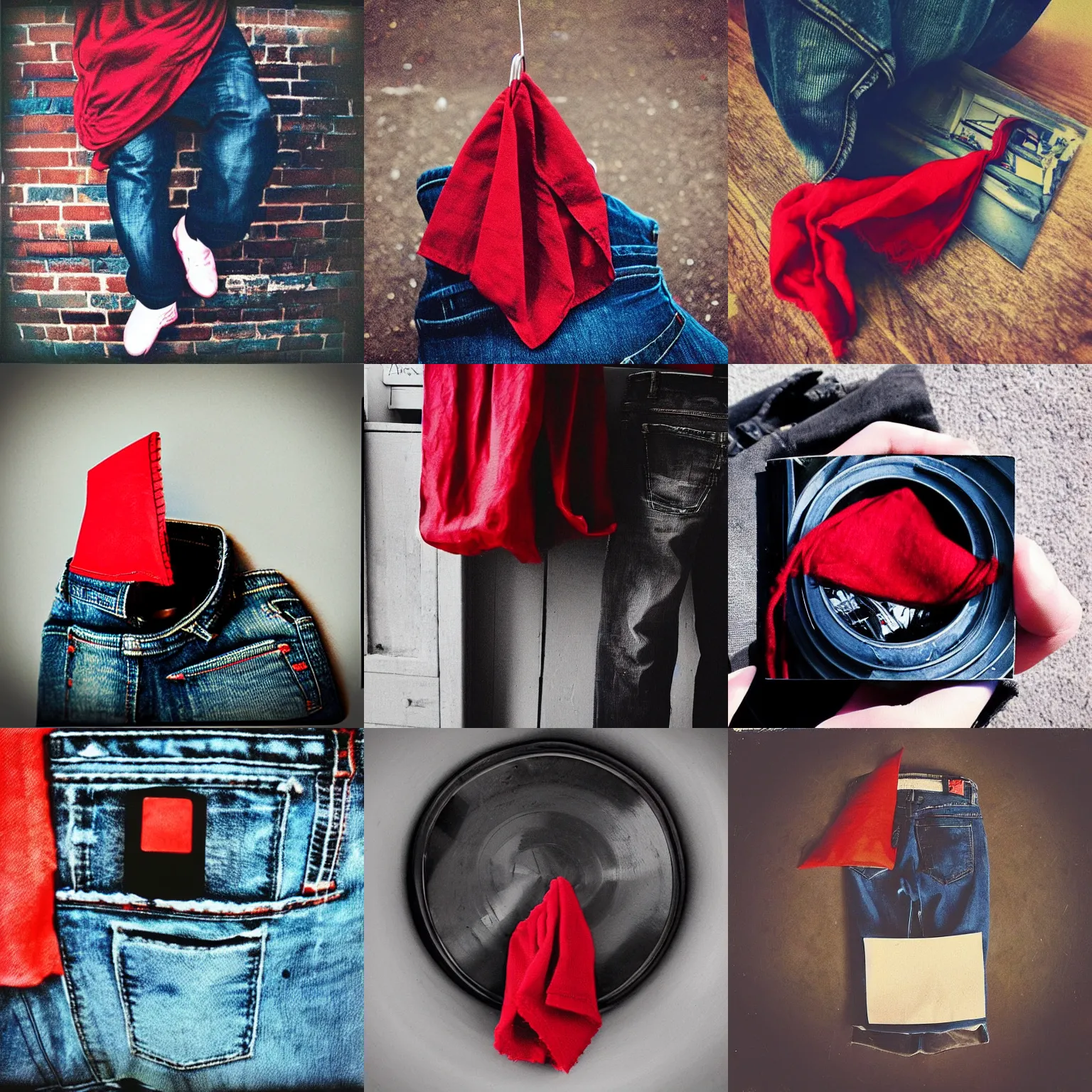 Prompt: “red hanky hanging out of the back of black jeans, fisheye lens album artwork, vintage photo”