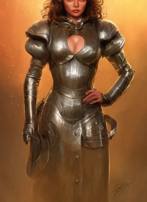 Prompt: beautiful female dorothy gale, rebecca romijn as dorothy, full body character concept, covered in full leather armor, armor plating, art nouveau, super powers, fantasy, intricate, elegant, highly detailed, digital painting, artstation, concept art, shining, sharp focus, illustration, art by stanley lau