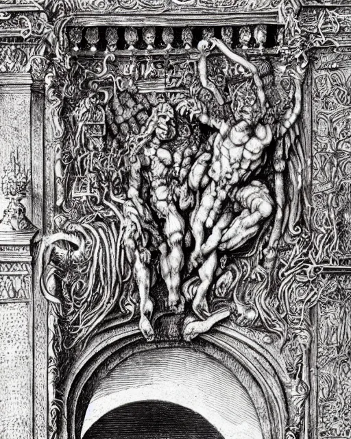 Image similar to gates of hell, fine details, photorealistic, intricate complexity, extremely detailed, very sharp, in the style of albrecht durer,