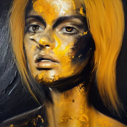 Image similar to liquid marble acrylic fluid paint, portrait, golden and black liquid materials, abstract art, beautiful female model standing, octadecahedrals, semi realism, surreal
