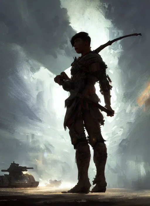 Image similar to side profile of a filipino fighter holding a scepter next to a tank, fantasy, digital painting, volumetric light, intricate, sharp, focus, bloom, illustration, highly detailed, concept art, matte, ruan jia and greg rutkowski, masterpiece