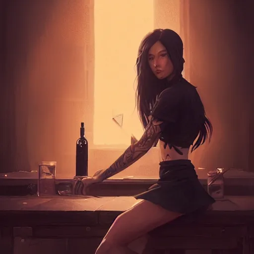 Image similar to enchanting bar maid, tattoos, black t - shirt, black skirt, detailed portrait, intricate complexity, by greg rutkowski, artgerm, ross tran, conrad roset, takato yomamoto, ilya kuvshinov. 4 k, beautiful, cinematic dramatic atmosphere