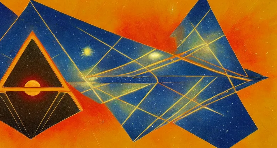 Image similar to hexagonal solar sail in space between the sun and earth, art deco painting