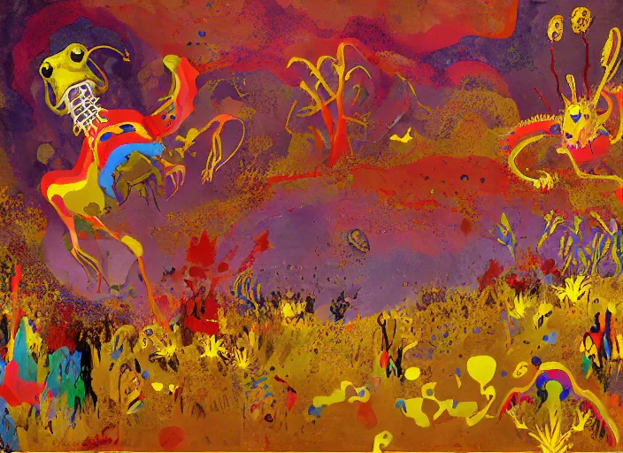 Image similar to expressionistic decollage painting golden armor alien zombie horseman riding on a translucent bone dragon broken rainbow diamond maggot horse in a blossoming meadow full of colorful mushrooms and golden foil toad blobs in a golden sunset, distant forest horizon, painted by Adrian Ghenie, Helen Frankenthaler, Danny Fox and Hilma af Klint, pixelated, semiabstract, color field painting, byzantine art, pop art look, naive, outsider art. Mark Rothko painting, part by Philip Guston and Frank Stella art by Barnett Newman, 8k, extreme detail, intricate detail, masterpiece