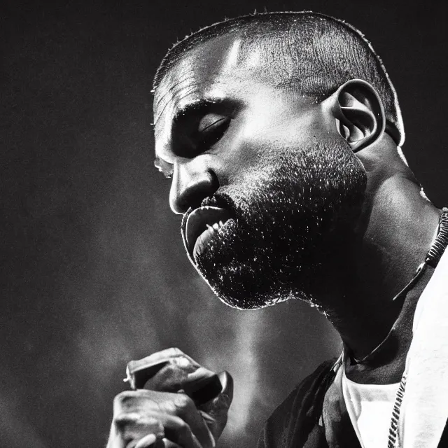 Prompt: A photo of Kanye West performing at a jazz club, black and white, 8K concept art