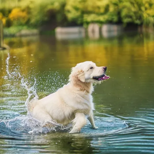 Prompt: a cream colored golden retriever puppy riding on a swan that is swimming in a pond, flowers everywhere, golden hour, beautiful landscape,