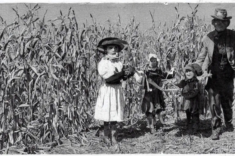 Image similar to sketchy scarecrow from the early 1 9 0 0's leading children into the cornfields