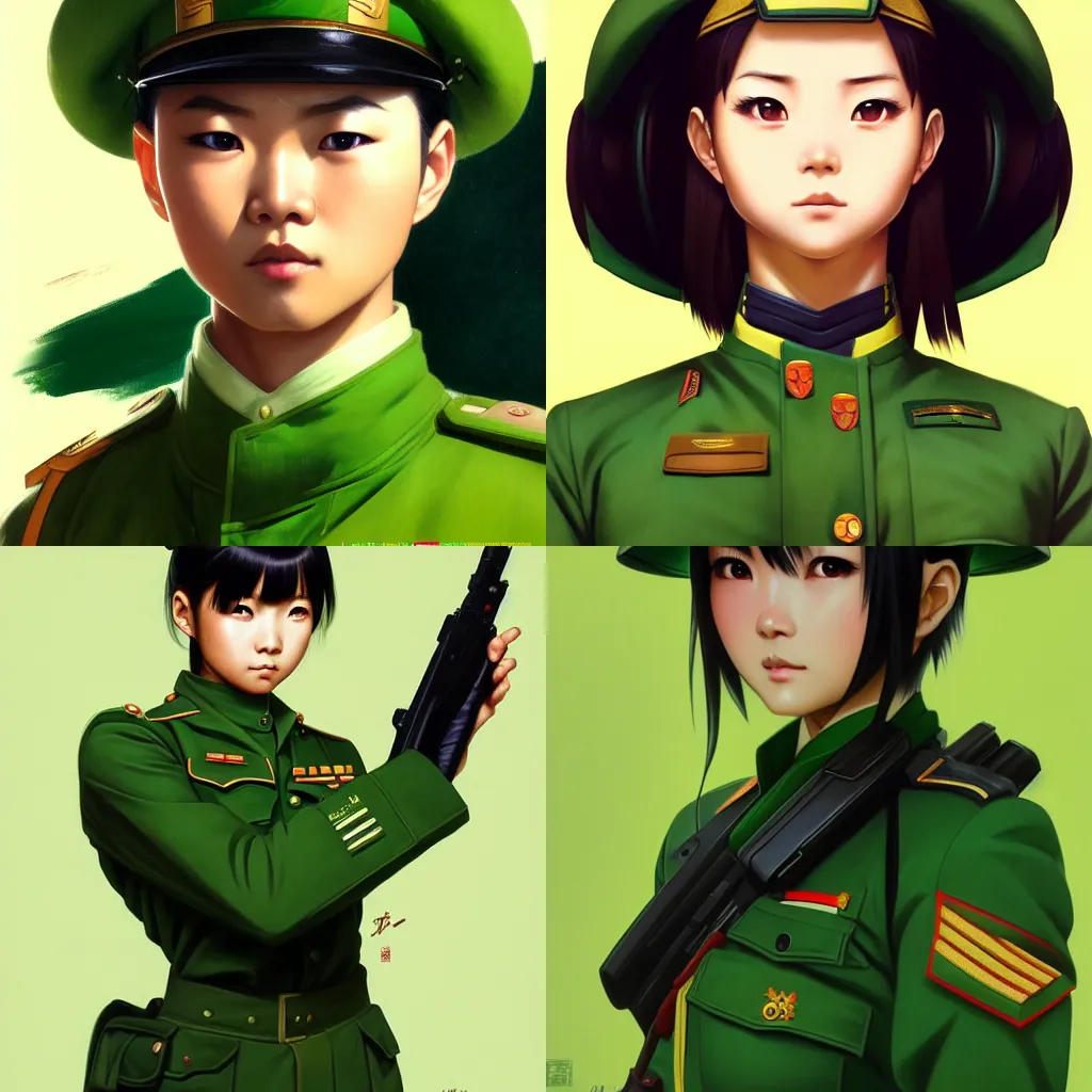 Prompt: symmetry anime girl vietnamese soldier portrait, serious solemn, wearing green uniform, highly detailed, anime, dynamic lighting, digital art, digital painting, artstation, wlop, gil elvgren, sharp focus, illustration, art by artgerm and greg rutkowski and alphonse mucha, 8 k