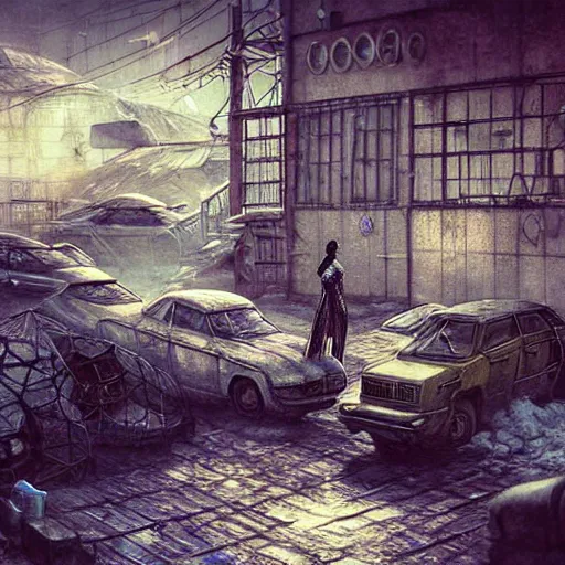 Image similar to Сyberpunk style photo on a parking lot in a Soviet slum on the moon, Neo Norilsk, sci-fi, fantasy, intricate, very very beautiful, elegant, highly detailed, smooth, Unreal Engine 5, sharp focus, illustration, art by artgerm and greg rutkowski and alphonse mucha and evgeny zubkov
