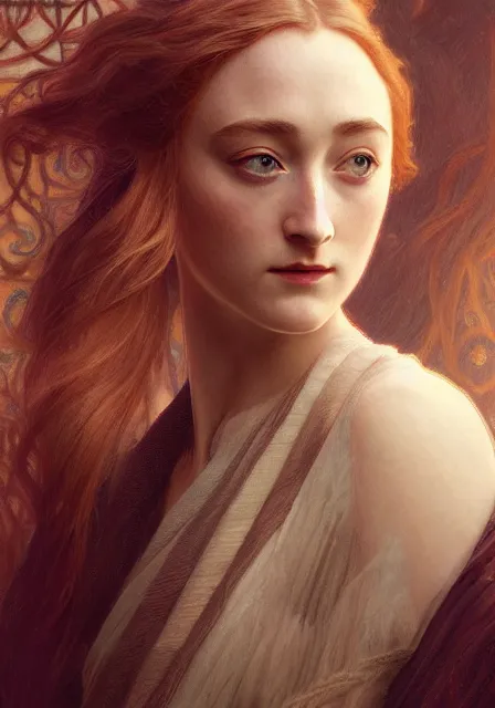 Image similar to sansa saoirse ronan, intricate, elegant, highly detailed, digital painting, artstation, concept art, smooth, sharp focus, illustration, art by artgerm and greg rutkowski and alphonse mucha and william - adolphe bouguereau