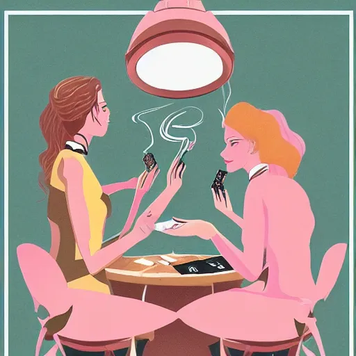 Prompt: a illustration of female angels playing poker and smoking, trending on artstation, cinematic