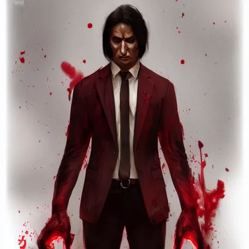 Image similar to portrait of rajesh hamal upper body in bloody business suit, blood red eyes, vampire fangs, fantasy, intricate, elegant, highly detailed, digital painting, artstation, concept art, matte, sharp focus, illustration, art by aenaluck and roberto ferri and greg rutkowski, epic fantasy, digital painting