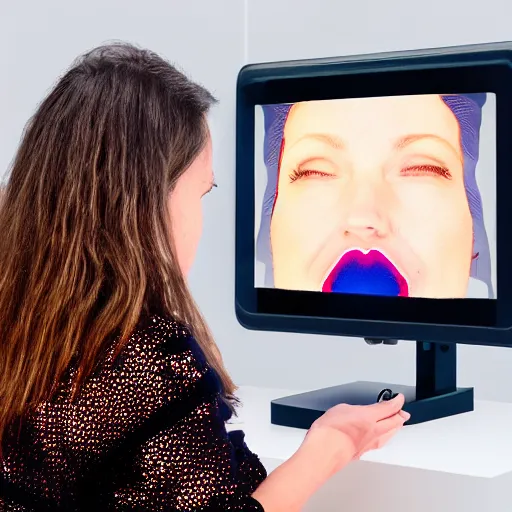 Image similar to woman interacting with small holographic computer display floating in front of her face