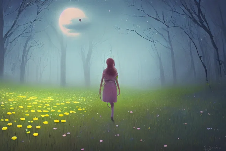 Image similar to giant bunch of daisy flowers head, girl walking in dark forest, surreal photography, dark night, stars, moon light, impressionist painting, clouds, digital painting, artstation, simon stalenhag